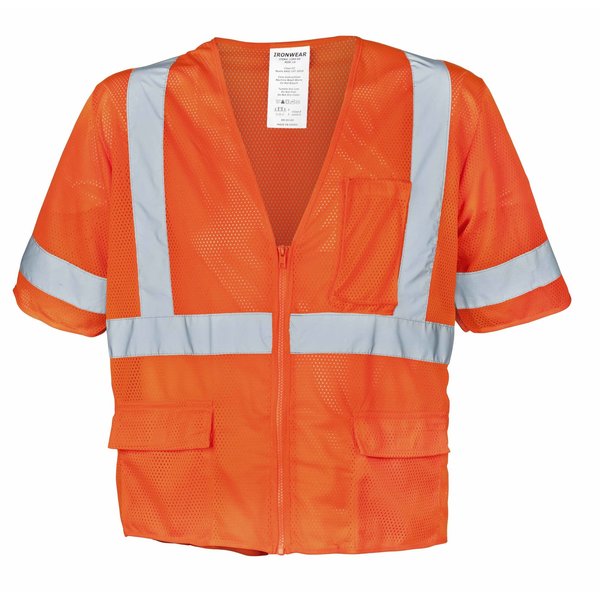 Ironwear Polyester Mesh Safety Vest Class 3 w/ Zipper & 6 Pockets (Orange/Large) 1294-OZ-LG